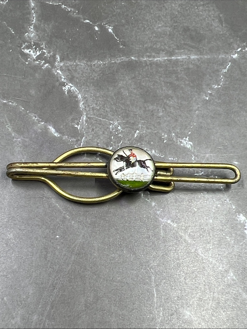 Vintage 1930’s Equestrian Horse Jockey Tie Clip Reverse Painted Glass Crystal